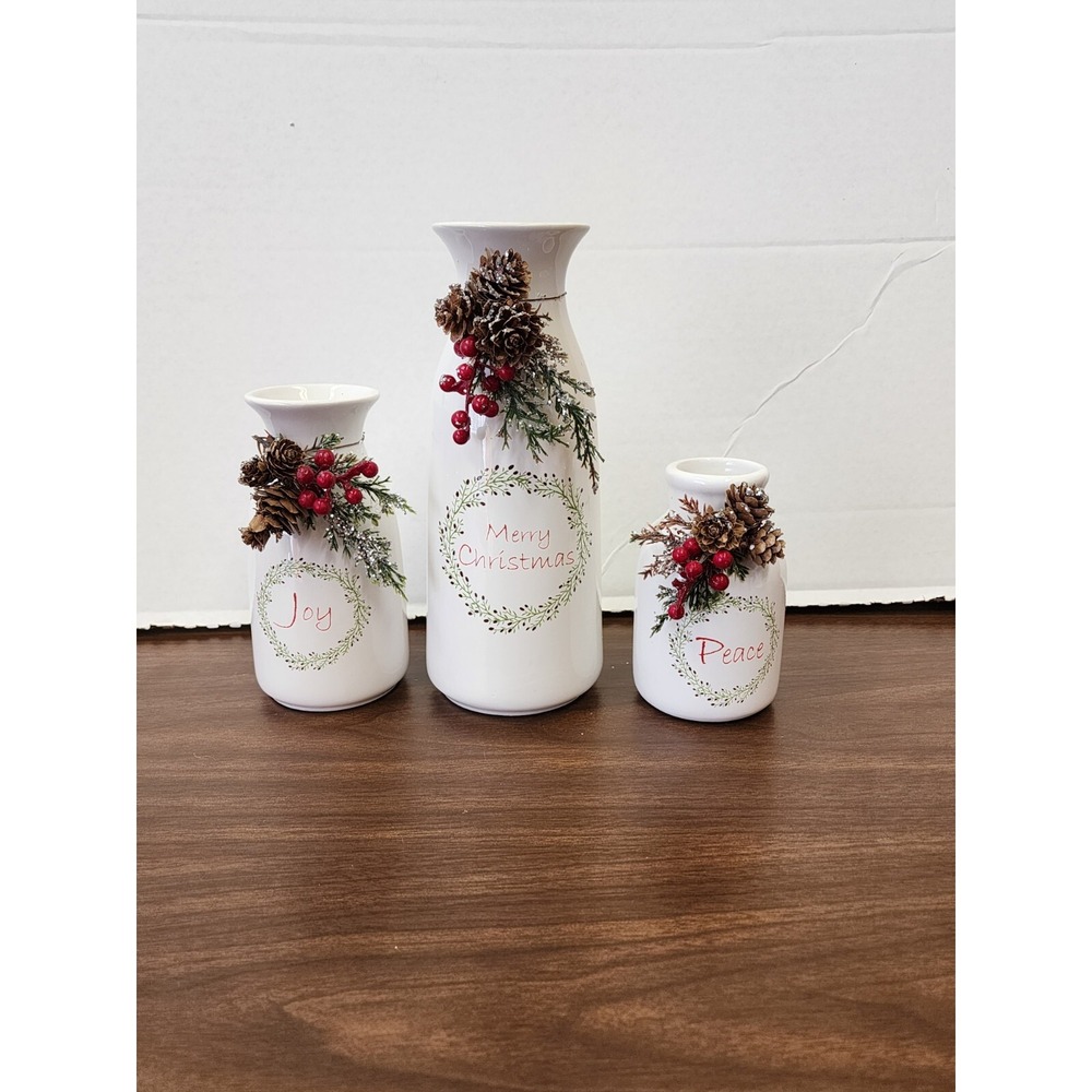 3 Piece Set Ceramic Bottles W/Wreath, Holiday Sayings, Pinecones, Berries & Pine